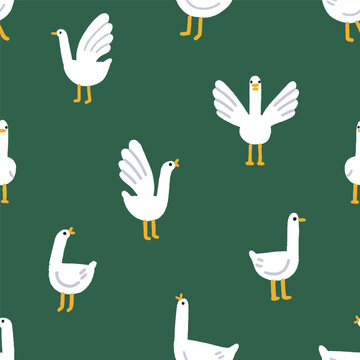 Cute geese, seamless pattern. Farm birds, funny goose, endless background, texture design. Repeating print, goslings, feathered animals. Kids flat vector illustration for fabric, textile, wrapping
