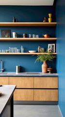 A minimalist kitchen with open shelves, concrete countertops, and a bold blue accent wall.