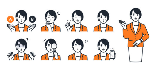 スーツを着た若い女性のシンプルなベクターアイコンイラストセット素材