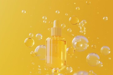 Golden yellow bubble oil or serum isolated on yellow background.