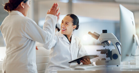 Teamwork, scientist or doctors high five for success, medicine breakthrough or partnership in lab....