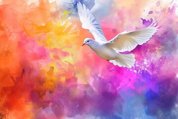 Holy Spirit. Dove on abstract colorful watercolor background. Digital art painting. Illustration.