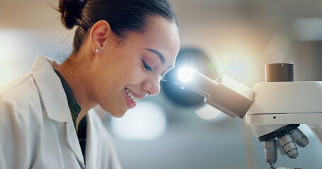 Laboratory, research and happy woman with microscope, future technology and biotech data in...