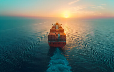Fototapeta premium Cargo Ship Sailing at Sunset on Ocean. Aerial view of a large cargo ship loaded with containers sailing through calm ocean waters during a beautiful sunset. AI