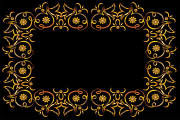 Beautiful frame. Pattern. Flowers, leaves, curls. Gold illustration on a black background with space for an inscription. Printing on fabric. Postcard with space for an inscription. .Vector.