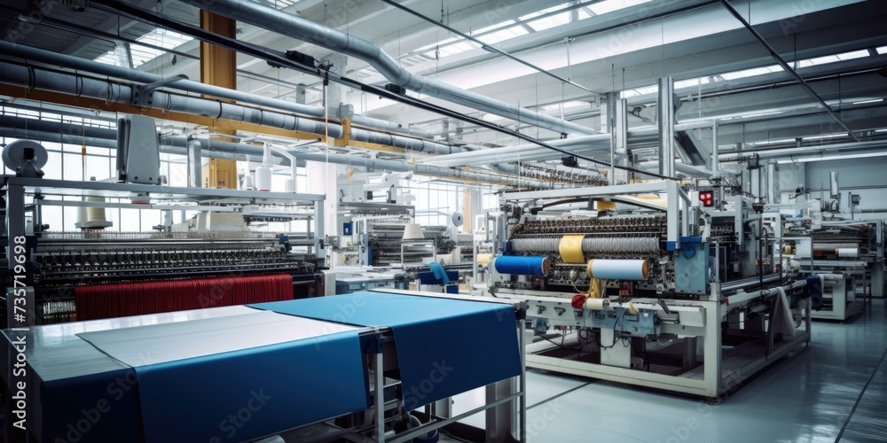Poster a factory with machines and blue and red fabric. generative ai.
