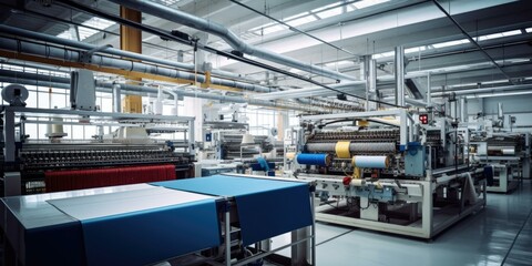 A factory with machines and blue and red fabric. Generative AI.