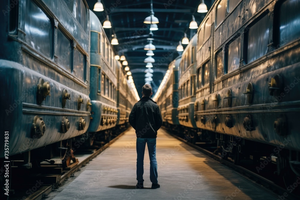 Poster a man standing in front of two trains. generative ai.