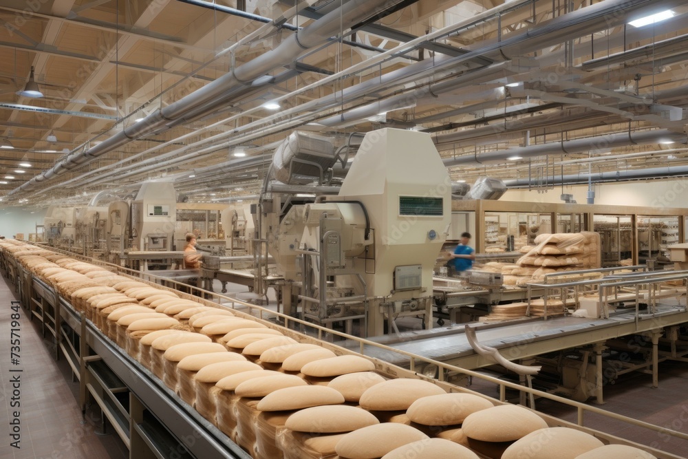 Aufkleber a factory with rows of bread on conveyor belts. generative ai.