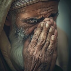 Fototapeta premium Muslim Man Crying in Prayer with Deep Spiritual Connection, Generative AI