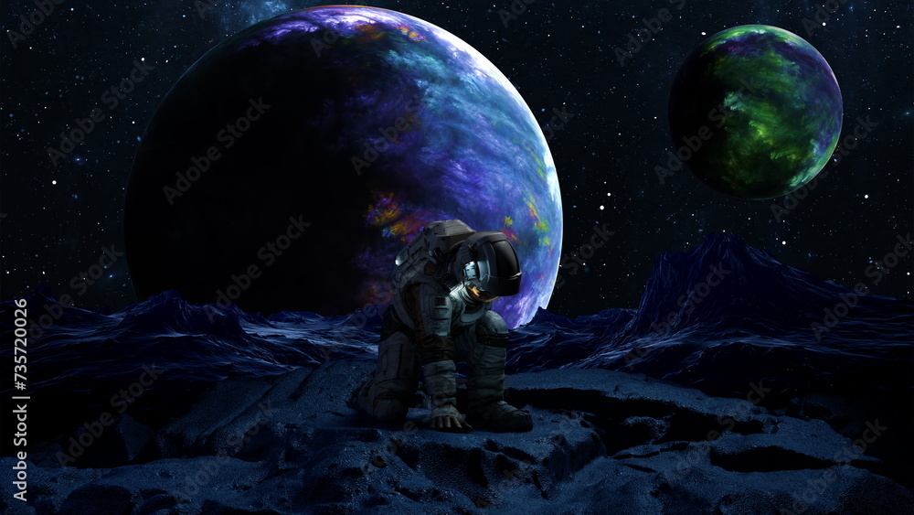 Poster space astronaut explores distant planet. cosmonaut in a spacesuit touches the ground of an asteroid.