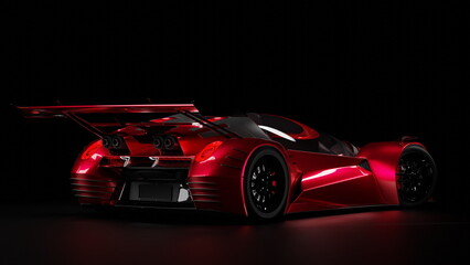 Futuristic sport car coupe in red on black background, supercar. 3d render - obrazy, fototapety, plakaty