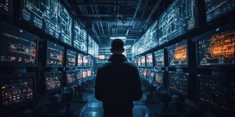A man standing in front of a large computer screen. Generative AI. - obrazy, fototapety, plakaty