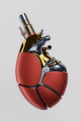 Heart of engine motor, soul of car, love heart metal bike. Bionic organ of robot. 3d render