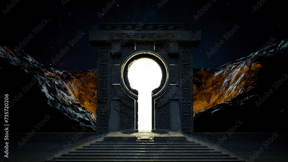 Wall mural ancient space gate portal to parallel world of universe. cosmos galaxy stars, luminous glow gateway.