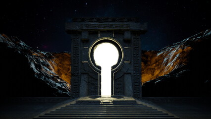 Ancient space gate portal to parallel world of universe. Cosmos galaxy stars, luminous glow...