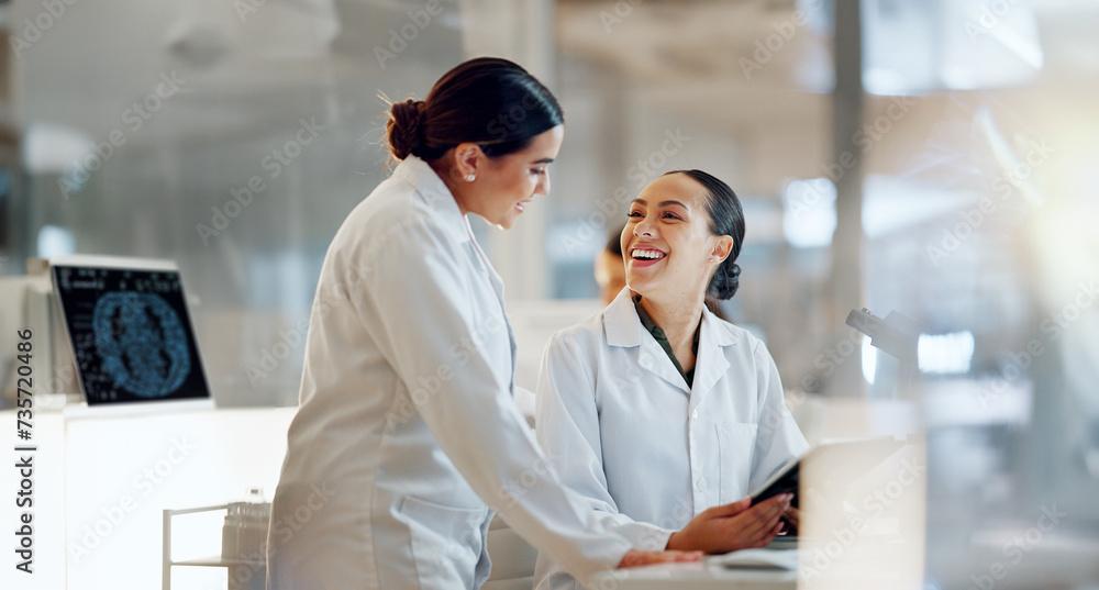 Poster Scientist, women and teamwork on tablet and computer for laboratory advice, medical research and night planning. Students, science people or mentor on digital technology of test results or comparison