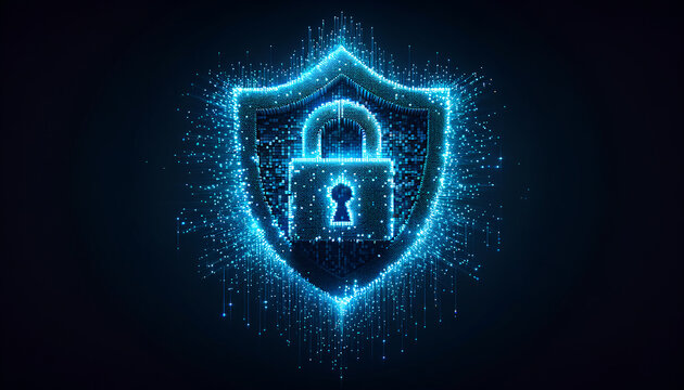 Futuristic Cybersecurity Shield in Neon-blue Pixels Disintegrating on Dark Background