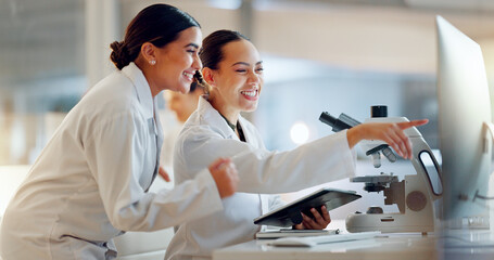 Teamwork, scientist or women celebrate for success, medicine breakthrough or partnership in lab....