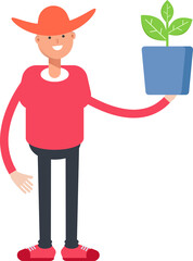 Country Man Character Holding Plant Pot
