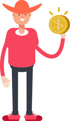 Country Man Character Holding Dollar Coin
