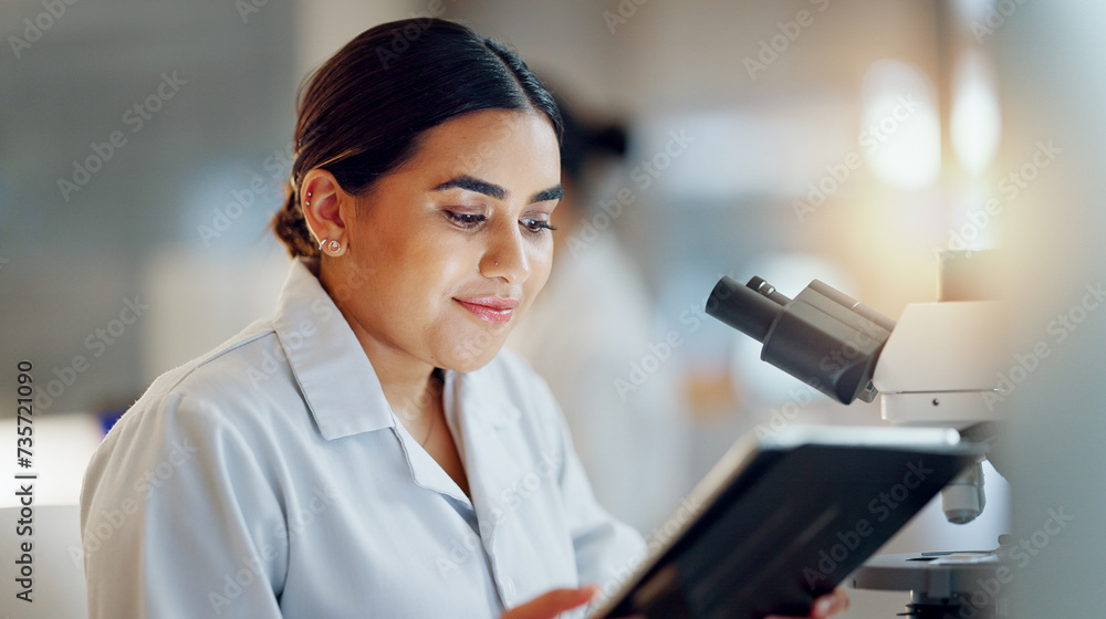Poster scientist, woman and tablet, microscope or laboratory research for dna analysis and happy with medic