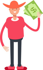 Country Man Character Holding Dollar Banknotes
