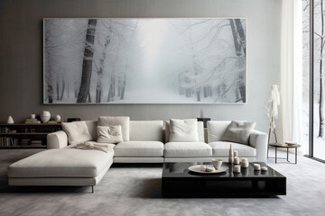 A minimalist living room featuring an empty white frame on a wall adorned with a striking, monochromatic mural, complemented by sleek furniture and subtle hints of colorful accents.