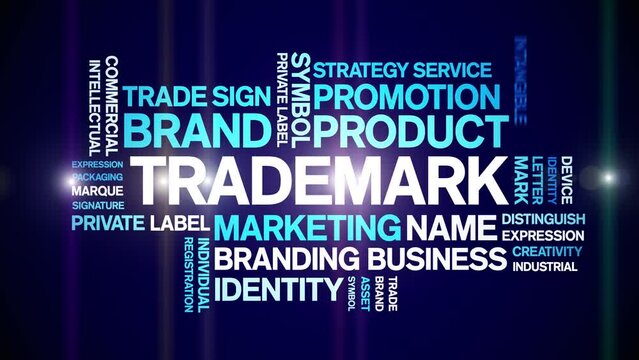 Trademark animated tag word cloud;text design animation kinetic typography seamless loop.