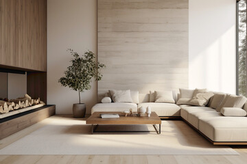A minimalist living room with a neutral color palette, featuring clean lines, natural light, and cozy textures.