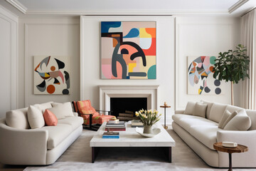 A minimalist living room with a pristine white empty frame as a focal point on a wall adorned with a vibrant, abstract mural, surrounded by clean-lined furniture and vibrant accents.