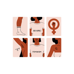 Badges for women's rights and equality. A set of stickers dedicated to feminism. Stylish and vector illustrations for International Women's Day. Black and Latino-American girls for 