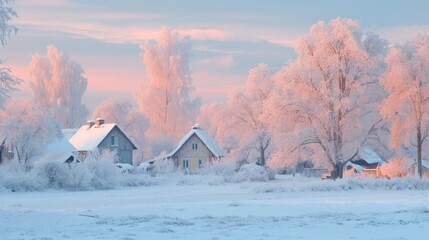 Wooden house in a cold winter morning landscape with snow and frost