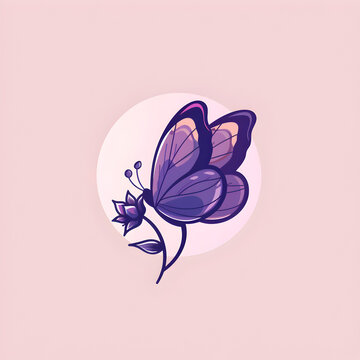 A logo illustration of a butterfly with a purple flower on a delicate pink background. Created with generative AI.