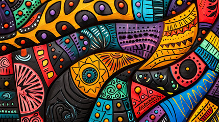 colorful wood carved background, African folklore pattern, hand painted. Generative Ai.