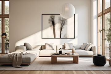 A minimalist living room with a sleek modular sofa, a statement lighting fixture, and a curated collection of Scandinavian design objects, creating a visually striking and harmonious space.