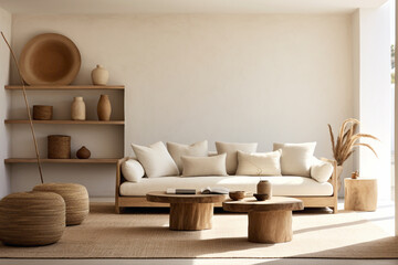 A minimalist living room with a focus on natural materials, such as wooden furniture, rattan accents, and soft textiles in earthy tones, evoking a sense of calm and tranquility.