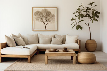 A minimalist living room with a focus on natural materials, such as wooden furniture, rattan accents, and soft textiles in earthy tones, evoking a sense of calm and tranquility.