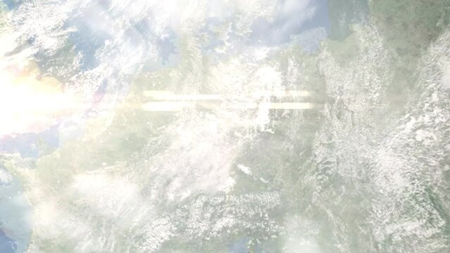 Earth zoom in from space and focus on Zeitz, Germany. 3D Animation. Satellite view. Background for travel intro. Images from NASA.