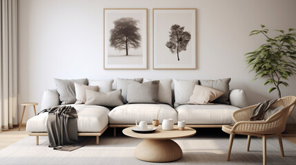 A minimalist living room with Scandinavian design principles, showcasing a curated collection of artwork and decorative elements for a personalized touch