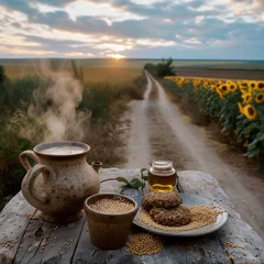 Fotobehang photo: on the table there is a large ceramic cup with steaming buckwheat porridge, a ceramic plate with buckwheat cakes and a clay vessel for golden sunflower oil, in the background of the frame there © Iulia