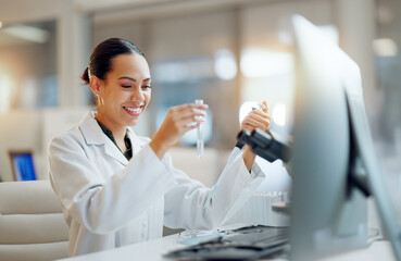 Science, research and happy woman with pipette, microscope and biotech solution in laboratory....