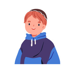 Happy Jewish boy. Cute smiling Jew kid in kippah. Hebrew child in kipa hat. Cheerful Israeli preschool character, little school student. Flat vector illustration isolated on white background