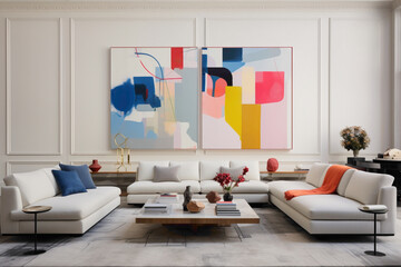 A minimalist living space with an empty white frame against a wall adorned with a captivating, abstract mural, surrounded by clean-lined furniture and subtle hints of colorful accents.