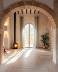 Fototapeta premium Empty room with bright light and a fireplace. Natural texture and minimalist interior design.