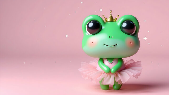 3d cute Green frog in tutu skirt on the pastel background, ballet dancer