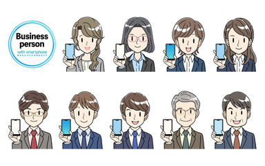 スマホを見せるビジネスパーソンのセットイラスト
