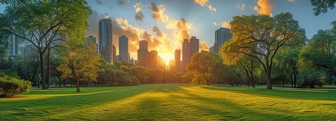 Photo sur Plexiglas Etats Unis Modern towers may be seen in the backdrop as a green city park is illuminated by sunset.