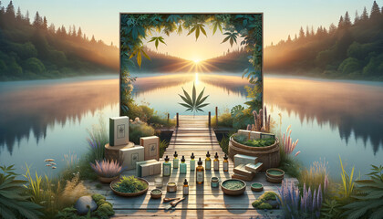 Tranquil hash wellness products on wooden surface with lush foliage. - obrazy, fototapety, plakaty