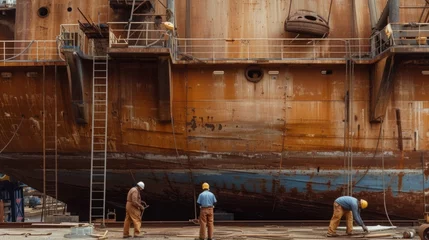 Schilderijen op glas Worker cleans the hull of an old ship from rust. Vessel renovation. © PaulShlykov
